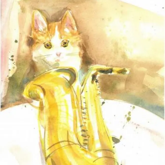 サックスと猫の水彩画