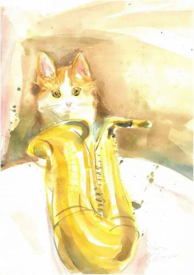 サックスと猫の水彩画