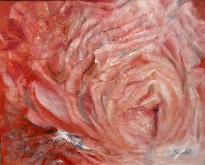 赤とピンクの混ざった大きなバラを抽象的に描いた、油絵のようなタッチの作品