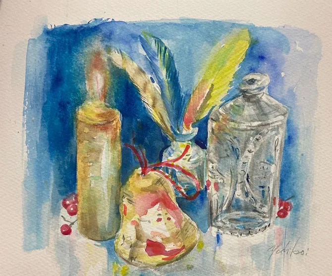 ロウソク、ガラスのボトル、羽根などが描かれた水彩の静物画