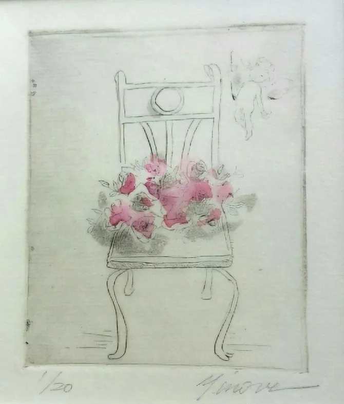 線の椅子にピンクのバラの花束が描かれた、天使のモチーフもある銅版画